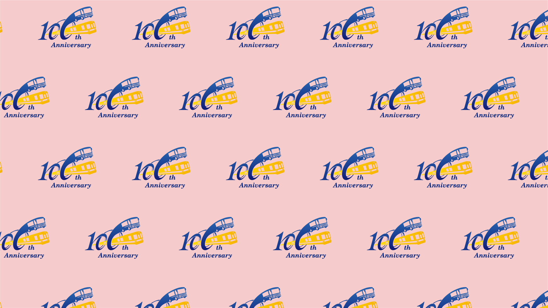 模様の壁紙見本です。ピンクの背景に、市営交通100周年のロゴマークがたくさん並んでいます。