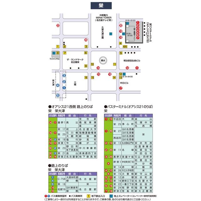 栄駅のバスのりばの図です。テキストによる説明はをご覧ください。