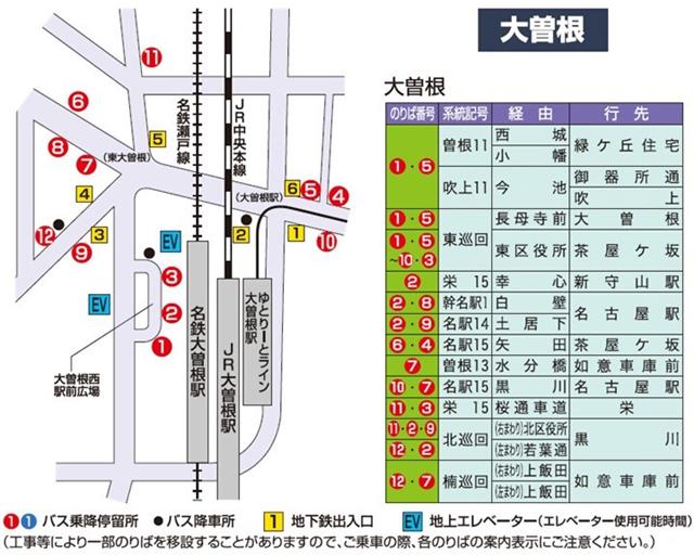 大曽根駅のバスのりばの図です。テキストによる説明はバスのりば案内テキストページ（大曽根）をご覧ください。