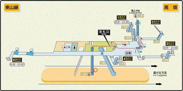 エレベーター経路が赤い波線が表示された高畑駅構内図