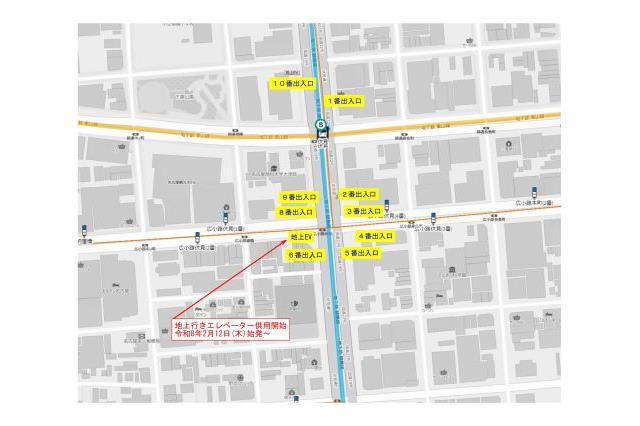 伏見駅周辺の地上平面図　地上行きエレベーターは令和8年2月12日の始発より供用開始