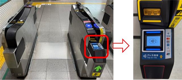 クレカ乗車に対応した改札機の写真 読取機の拡大写真
