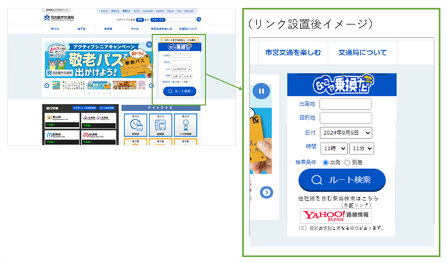 トップページの乗換ナビ部分にヤフー路線情報サイトへのバナーリンクを貼り付けます。